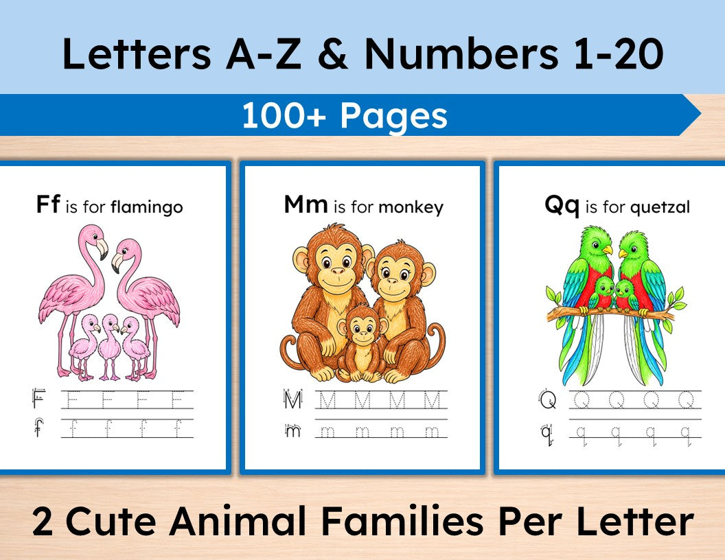 Animal Alphabet and Numbers Workbook:  Color, Count, Trace and Write