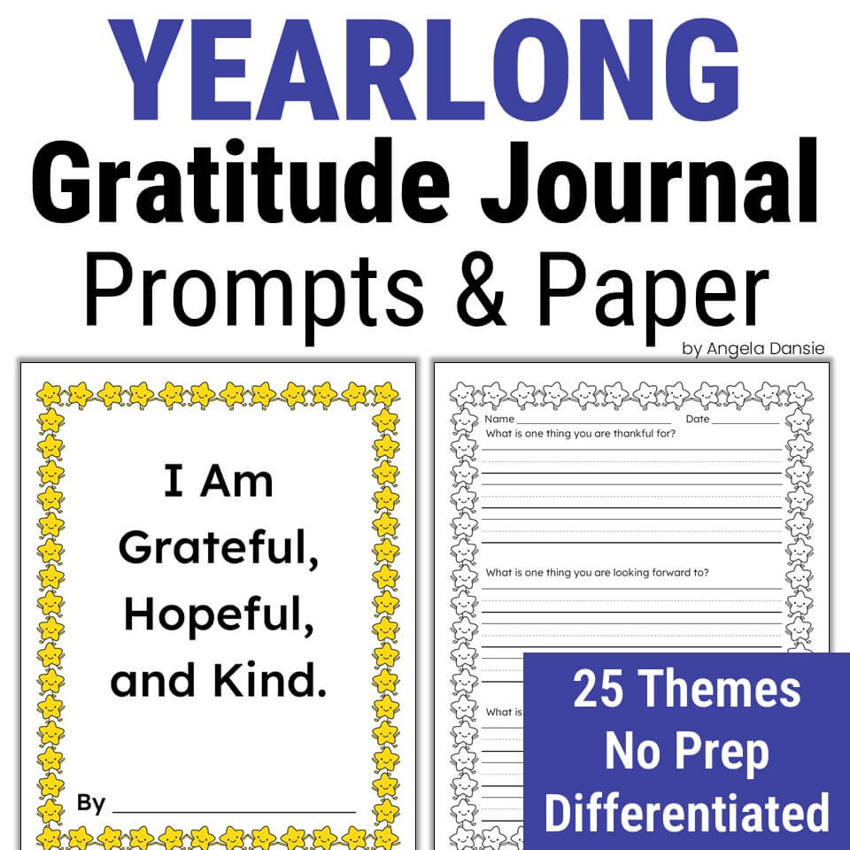 Yearlong Gratitude Journal Prompts & Paper with star designs and text on a white background