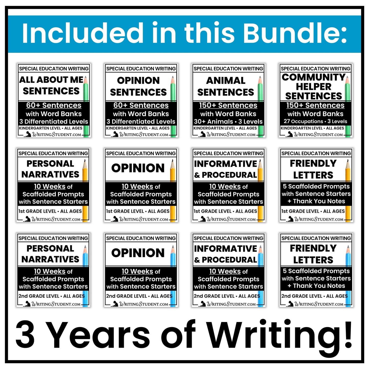 personal narrative, opinion writing, informational writing, and friendly letters